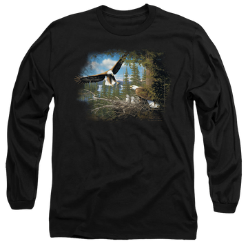 Black men's long sleeve t-shirt with Wild Wings Spring Bald Eagles graphic