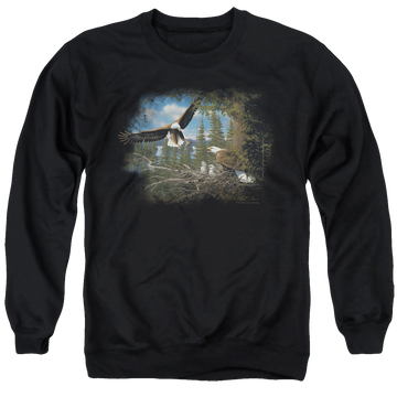 Black men's crewneck sweatshirt with Wild Wings Spring Bald Eagles graphic