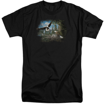 Black men's tall fit t-shirt with Wild Wings Spring Bald Eagles graphic
