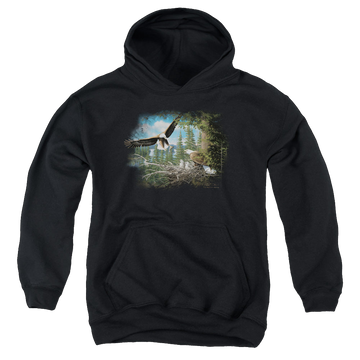Black youth hoodie for ages 8 to 12 with Wild Wings Spring Bald Eagles graphic