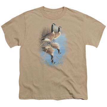 Sand youth t-shirt for ages 8 to 12 with Wild Wings Morning Reflections Canada Geese graphic
