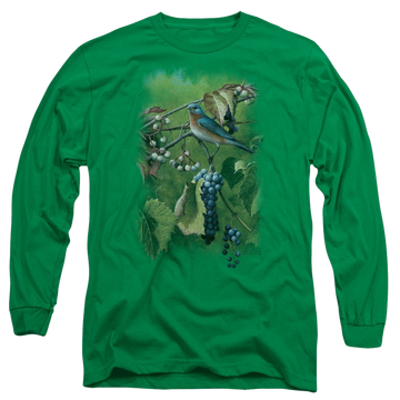 Kelly green men's long sleeve t-shirt with Wild Wings Summertime Estrn Bluebird graphic
