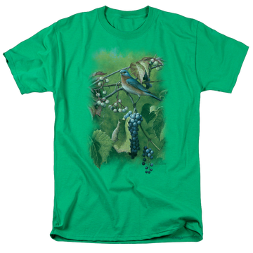 Kelly green men's regular fit t-shirt with Wild Wings Summertime Estrn Bluebird graphic