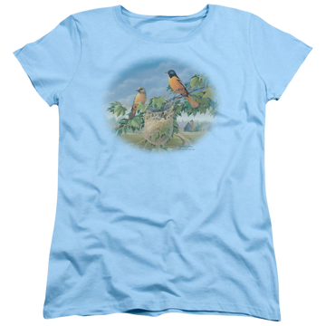 Light blue women's t-shirt with Wild Wings Orioles And Farm graphic
