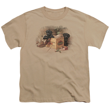 Sand youth t-shirt for ages 8 to 12 with Wild Wings Box Boys Black Labs graphic