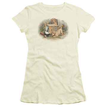 Cream juniors t-shirt with Wild Wings Dont Talk Strangers graphic