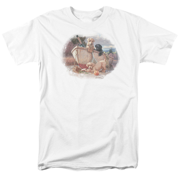 White men's regular fit t-shirt with Wild Wings Lunch Break Lab Pups graphic