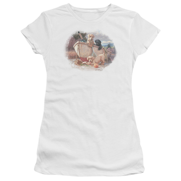 White juniors t-shirt with Wild Wings Lunch Break Lab Pups graphic