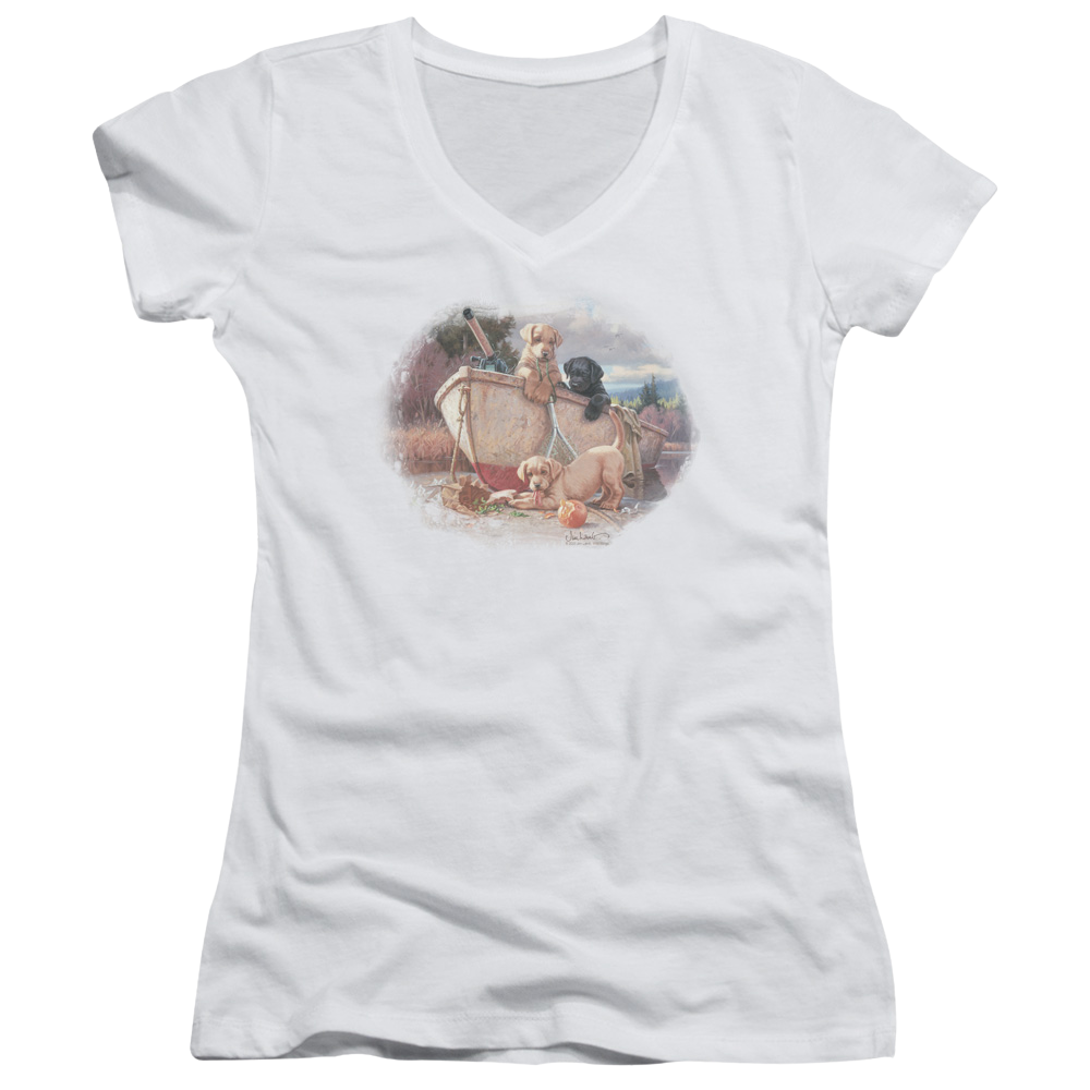 Wild Wings Lunch Break Lab Pups - Juniors V-Neck T-Shirt Juniors V-Neck T-Shirt Wild Wings   