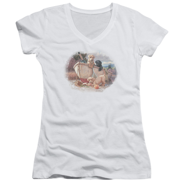 Wild Wings Lunch Break Lab Pups - Juniors V-Neck T-Shirt Juniors V-Neck T-Shirt Wild Wings   