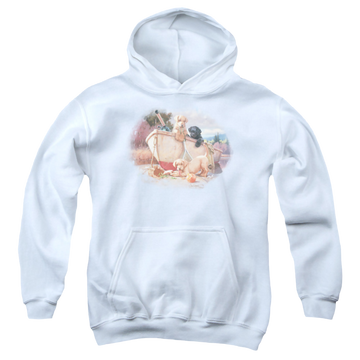 White youth hoodie for ages 8 to 12 with Wild Wings Lunch Break Lab Pups graphic
