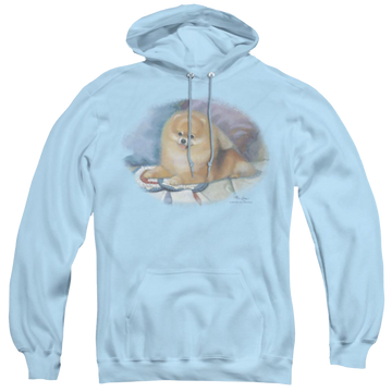 Light blue pullover hoodie with Wild Wings Pomeranian Portrait graphic
