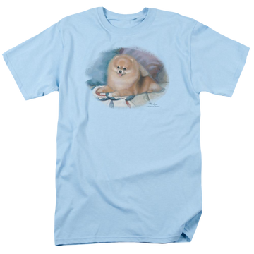 Light blue men's regular fit t-shirt with Wild Wings Pomeranian Portrait graphic