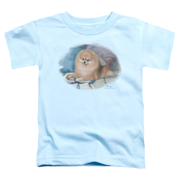 Light blue toddler t-shirt with Wild Wings Pomeranian Portrait graphic