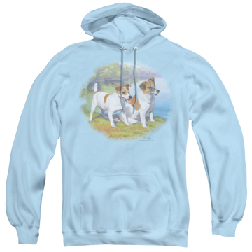 Light blue pullover hoodie with Wild Wings Jack By Water graphic
