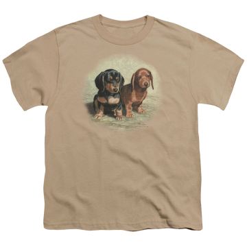 Sand youth t-shirt for ages 8 to 12 with Wild Wings Dachshund Pups graphic