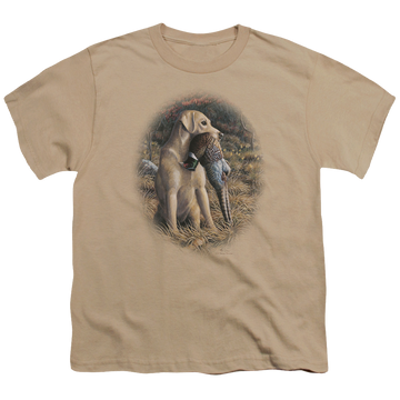 Sand youth t-shirt for ages 8 to 12 with Wild Wings Yellow Lab With Pheasant graphic