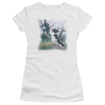 White juniors t-shirt with Wild Wings Springer With Pheasant graphic