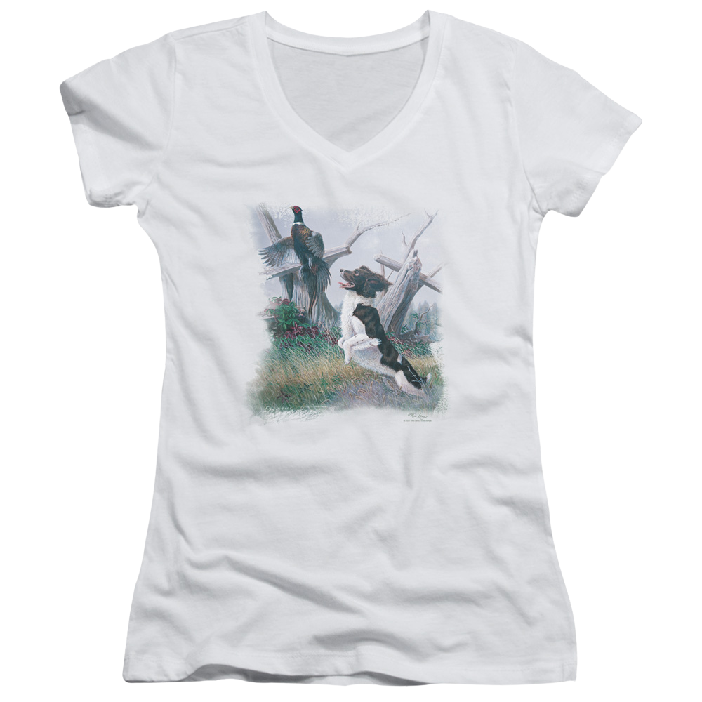 Wild Wings Springer With Pheasant - Juniors V-Neck T-Shirt Juniors V-Neck T-Shirt Wild Wings   