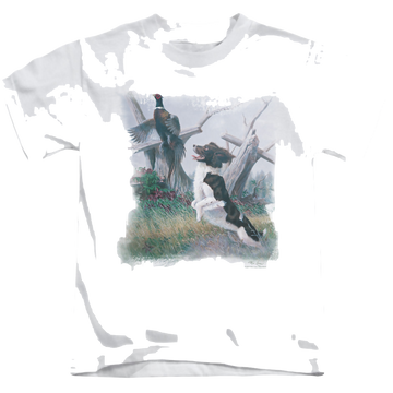 White kid's t-shirt for ages 4 to 7 with Wild Wings Springer With Pheasant graphic
