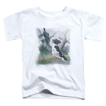 White toddler t-shirt with Wild Wings Springer With Pheasant graphic