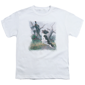White youth t-shirt for ages 8 to 12 with Wild Wings Springer With Pheasant graphic