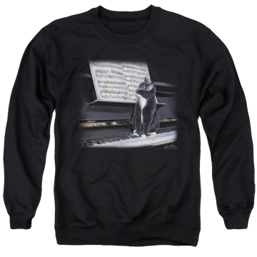 Black men's crewneck sweatshirt with Wild Wings Kitten On The Keys graphic