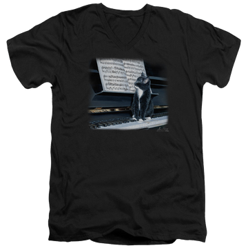 Black men's v-neck t-shirt with Wild Wings Kitten On The Keys graphic