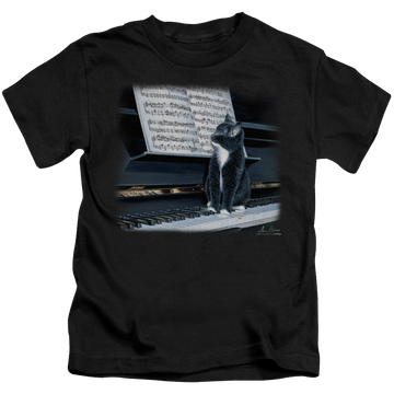 Black kid's t-shirt for ages 4 to 7 with Wild Wings Kitten On The Keys graphic