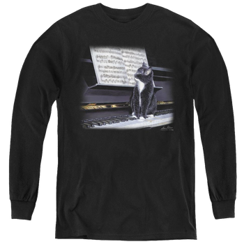 Black youth long sleeve t-shirt with Wild Wings Kitten On The Keys graphic