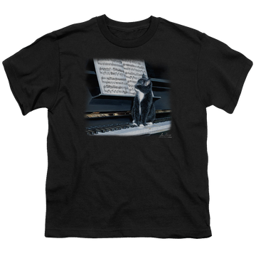 Black youth t-shirt for ages 8 to 12 with Wild Wings Kitten On The Keys graphic
