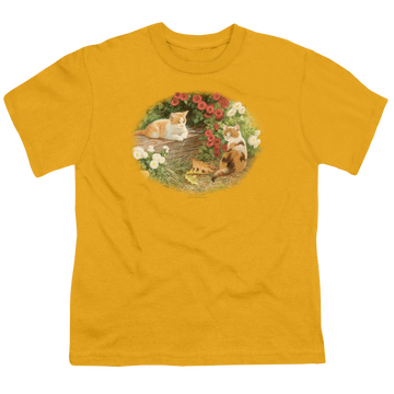 Gold youth t-shirt for ages 8 to 12 with Wild Wings Kittens And Mums graphic