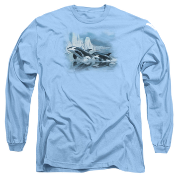 Carolina blue men's long sleeve t-shirt with Wild Wings Glaciers Edge Orcas graphic