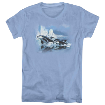 Carolina blue women's t-shirt with Wild Wings Glaciers Edge Orcas graphic