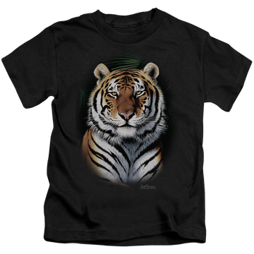 Black kid's t-shirt for ages 4 to 7 with Wild Wings Jungle Fire graphic