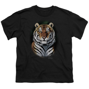 Black youth t-shirt for ages 8 to 12 with Wild Wings Jungle Fire graphic