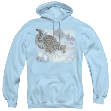 Light blue pullover hoodie with Wild Wings Snow Leopard graphic
