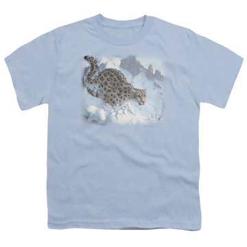 Light blue youth t-shirt for ages 8 to 12 with Wild Wings Snow Leopard graphic