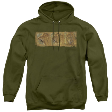 Military green pullover hoodie with Wild Wings Mood Swing graphic