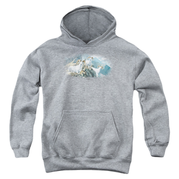Athletic heather youth hoodie for ages 8 to 12 with Wild Wings High Trails Dall Sheep graphic
