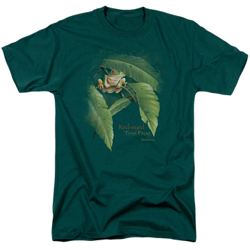 Hunter green men's regular fit t-shirt with Wild Wings Red Eyed Tree Frog graphic