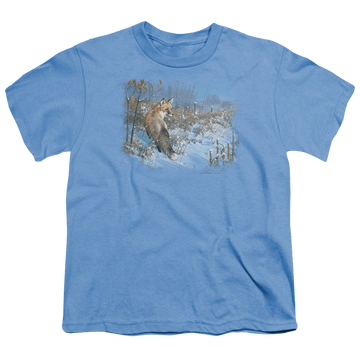 Carolina blue youth t-shirt for ages 8 to 12 with Wild Wings Winter Red Fox graphic