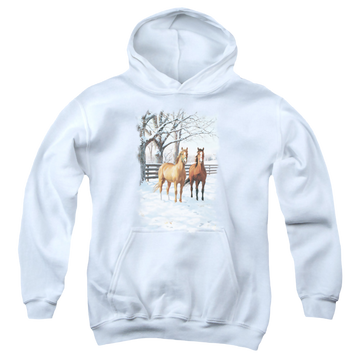 White youth hoodie for ages 8 to 12 with Wild Wings Coffee And Chocolate graphic