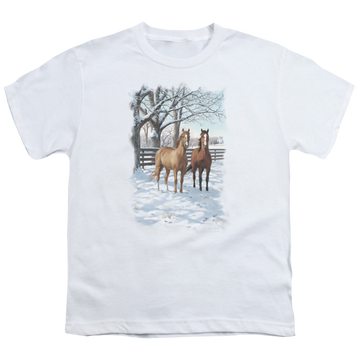 White youth t-shirt for ages 8 to 12 with Wild Wings Coffee And Chocolate graphic