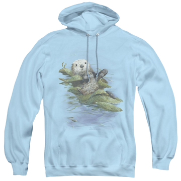 Light blue pullover hoodie with Wild Wings Kelp Cradle Otters graphic
