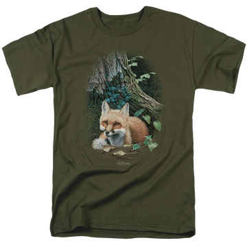 Military green men's regular fit t-shirt with Wild Wings Cozy Retreat graphic