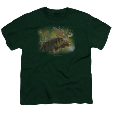 Hunter green youth t-shirt for ages 8 to 12 with Wild Wings Crisp Fall Morning graphic
