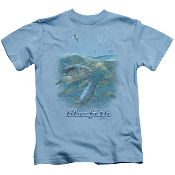 Carolina blue kid's t-shirt for ages 4 to 7 with Wild Wings Blue Mayhem graphic