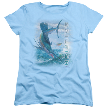 Light blue women's t-shirt with Wild Wings Leaping Sailfish graphic