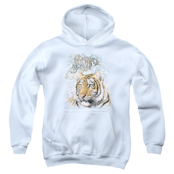 White youth hoodie for ages 8 to 12 with Wild Wings Tigers graphic